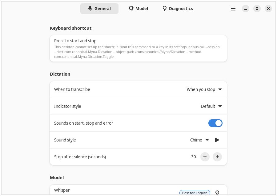 Myna Settings General tab