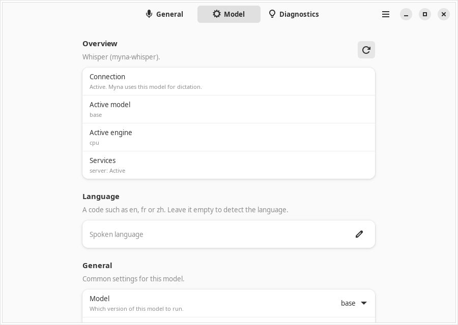 Myna Settings Model tab